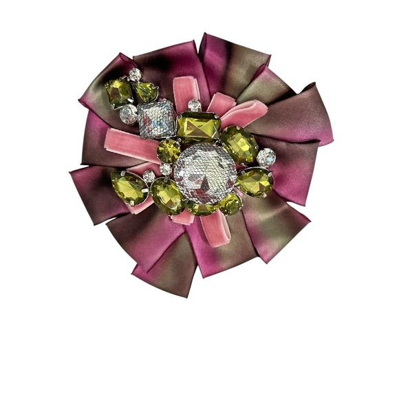 NWT LOFT Pink & olive Green Gem ribbon velvet Brooch 3 inch - Picture 2 of 6